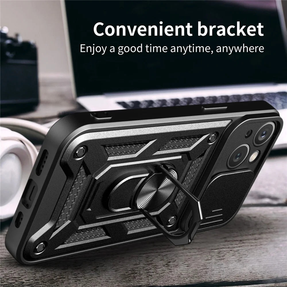 For iPhone 15 Slide Camera Lens Cover Shockproof Mobile Phone Case PC+TPU Kickstand Phone Shell - Black - 6