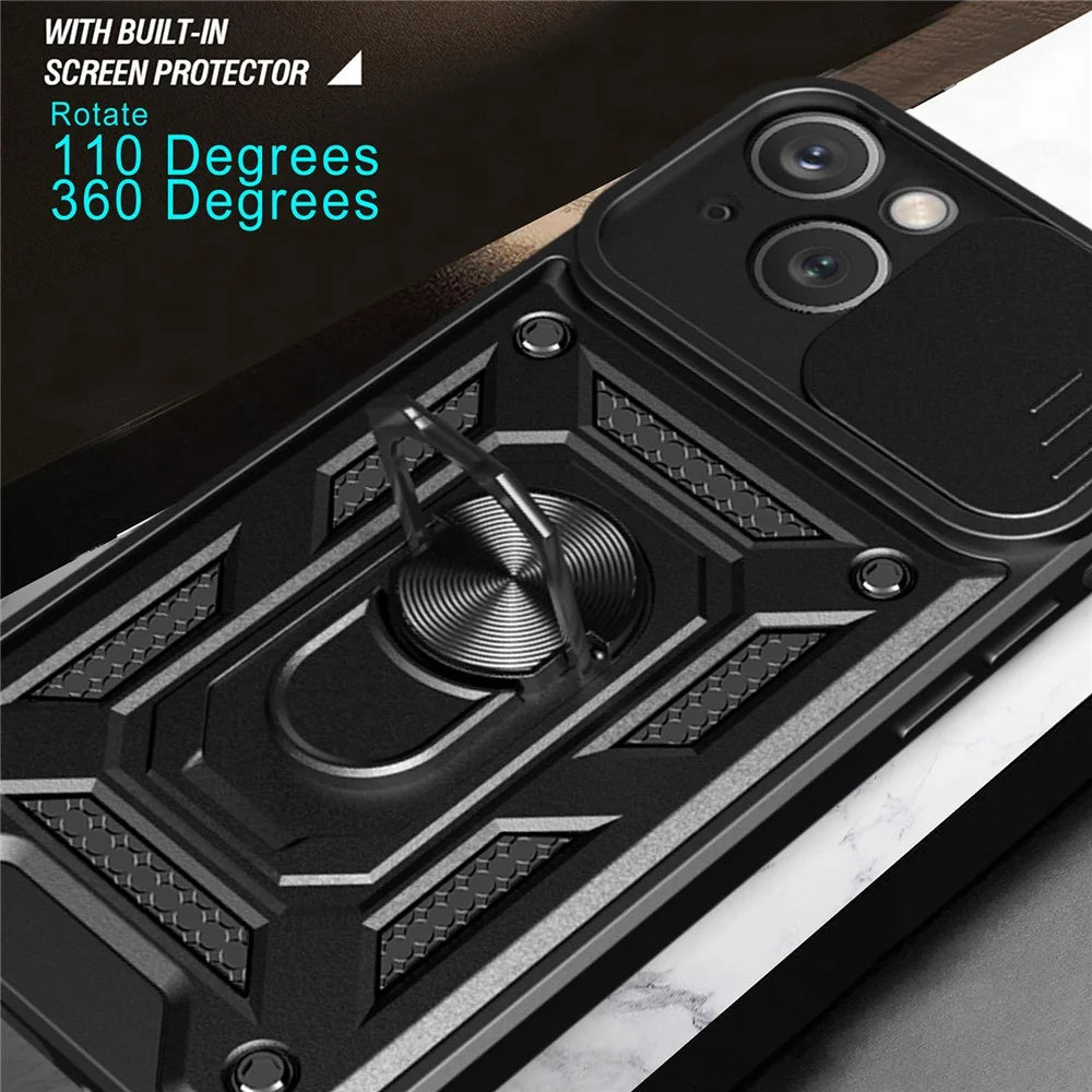 For iPhone 15 Slide Camera Lens Cover Shockproof Mobile Phone Case PC+TPU Kickstand Phone Shell - Black - 7