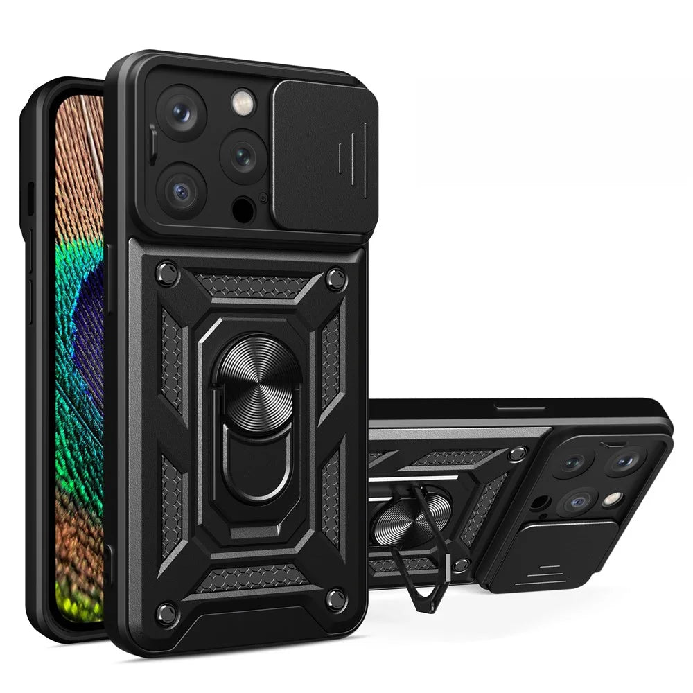 For iPhone 15 Pro Max Camera Lens Slide Design Phone Case PC+TPU Kickstand Cover - Black - 1