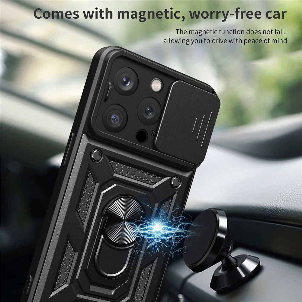 For iPhone 15 Pro Max Camera Lens Slide Design Phone Case PC+TPU Kickstand Cover - Black - 4