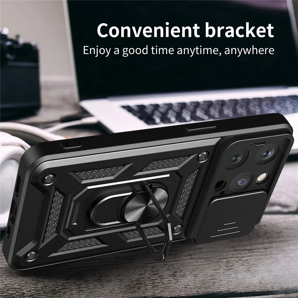 For iPhone 15 Pro Max Camera Lens Slide Design Phone Case PC+TPU Kickstand Cover - Black - 6