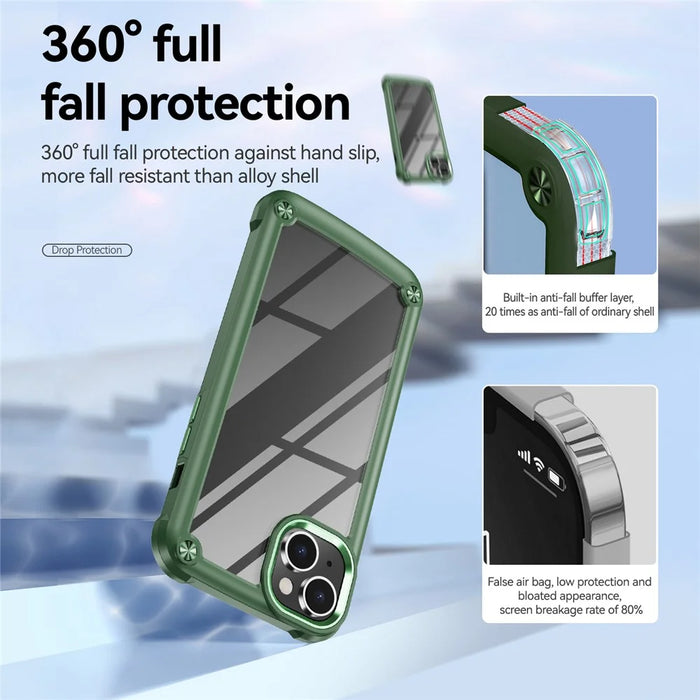 For iPhone 15 Drop-Proof Phone Case Alloy Lens Frame PC+TPU Hybrid Back Cover - Green - 5