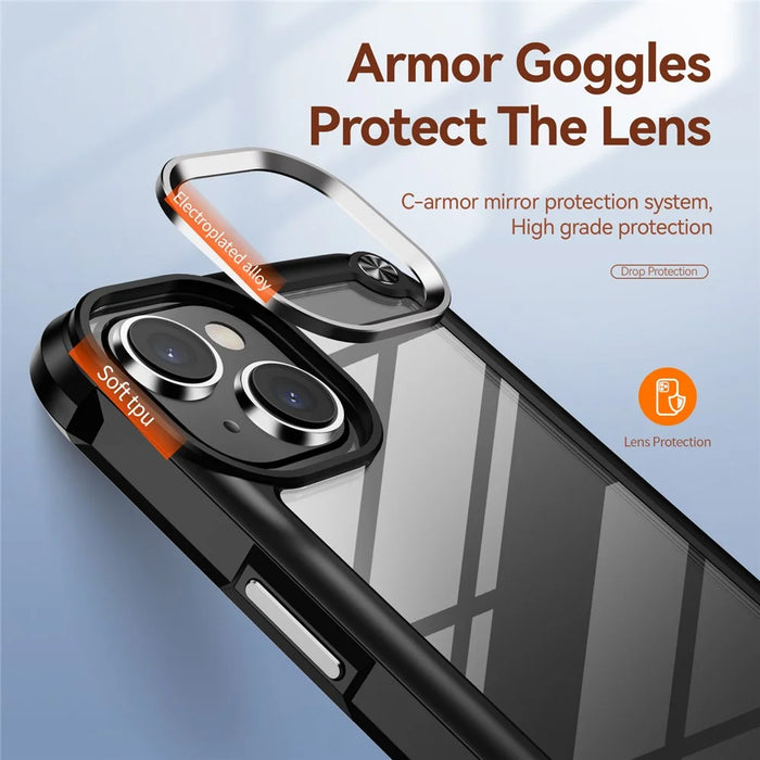 Shockproof Phone Case for iPhone 15 Plus Anti-Scratch PC+TPU Phone Cover with Alloy Lens Frame - Black - 6