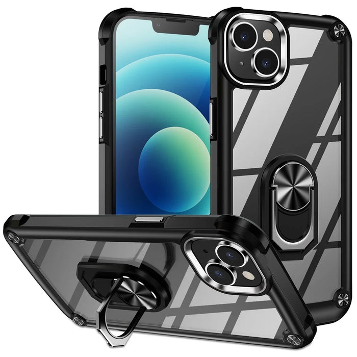 For iPhone 15 Plus Ring Kickstand Phone Case Alloy Lens Frame PC + TPU Protective Cover - Black - 1