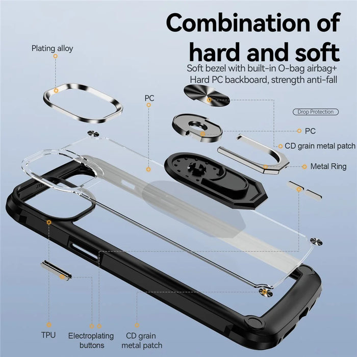 For iPhone 15 Plus Ring Kickstand Phone Case Alloy Lens Frame PC + TPU Protective Cover - Black - 2