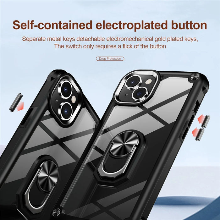 For iPhone 15 Plus Ring Kickstand Phone Case Alloy Lens Frame PC + TPU Protective Cover - Black - 3