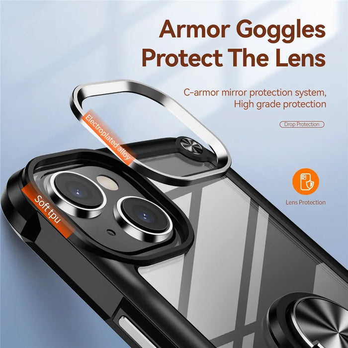 For iPhone 15 Plus Ring Kickstand Phone Case Alloy Lens Frame PC + TPU Protective Cover - Black - 5