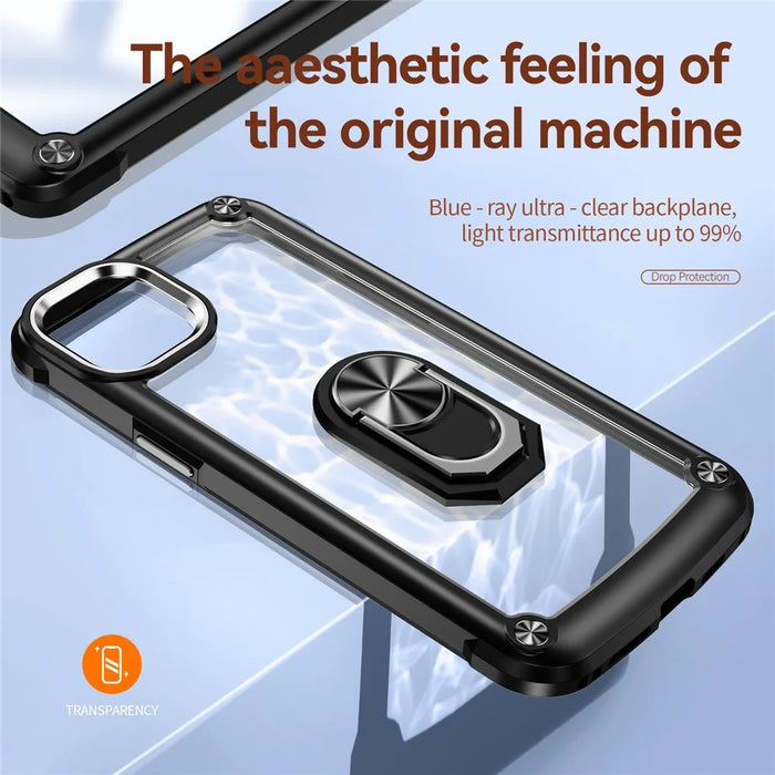 For iPhone 15 Plus Ring Kickstand Phone Case Alloy Lens Frame PC + TPU Protective Cover - Black - 7