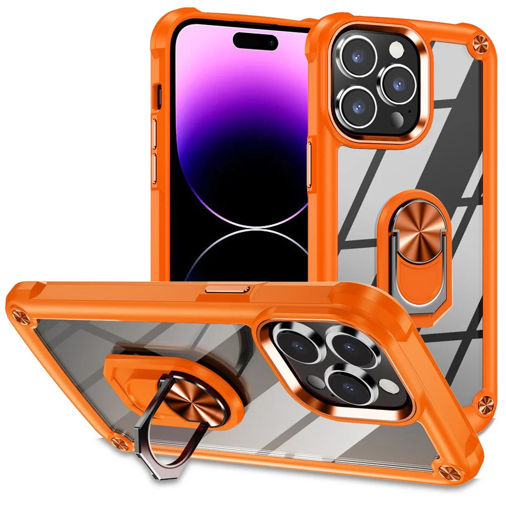 For iPhone 15 Pro Protective Kickstand Case Alloy Lens Frame PC + TPU Phone Cover - Orange - 1