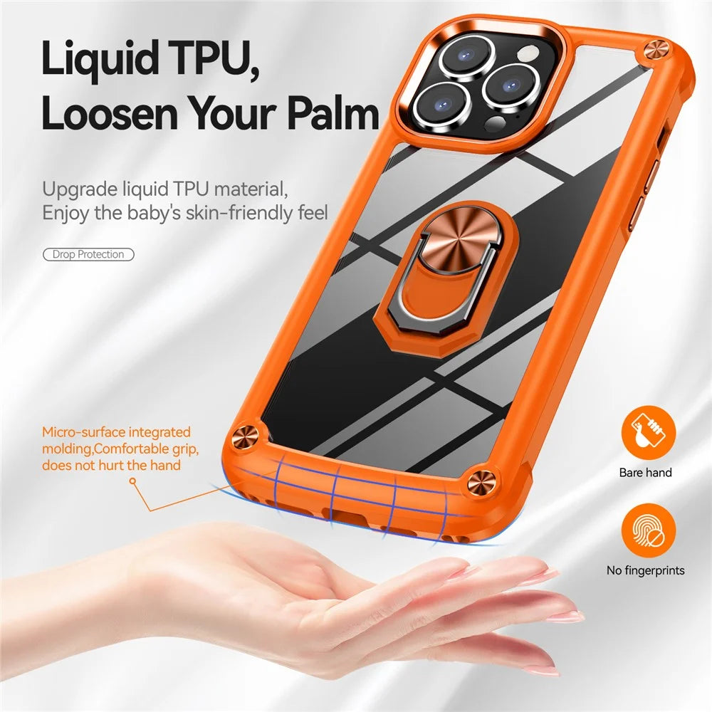 For iPhone 15 Pro Protective Kickstand Case Alloy Lens Frame PC + TPU Phone Cover - Orange - 3