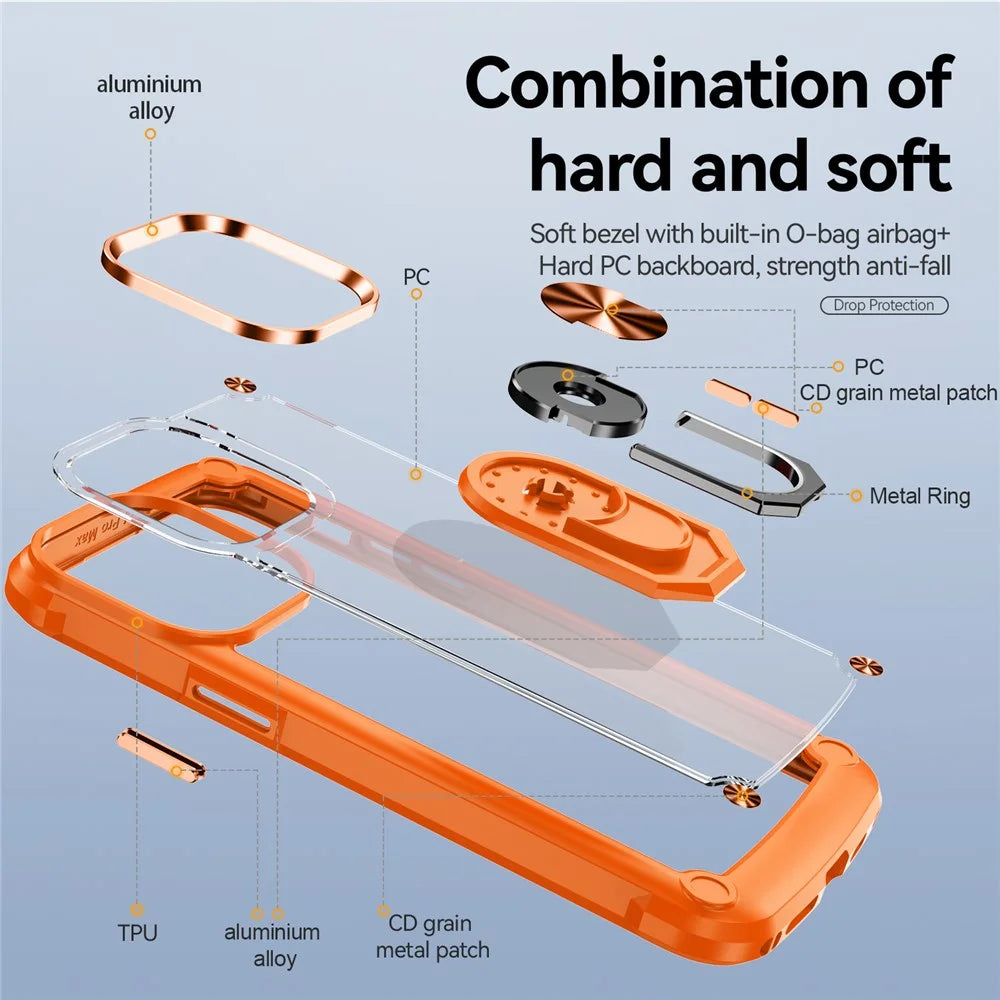 For iPhone 15 Pro Protective Kickstand Case Alloy Lens Frame PC + TPU Phone Cover - Orange - 4
