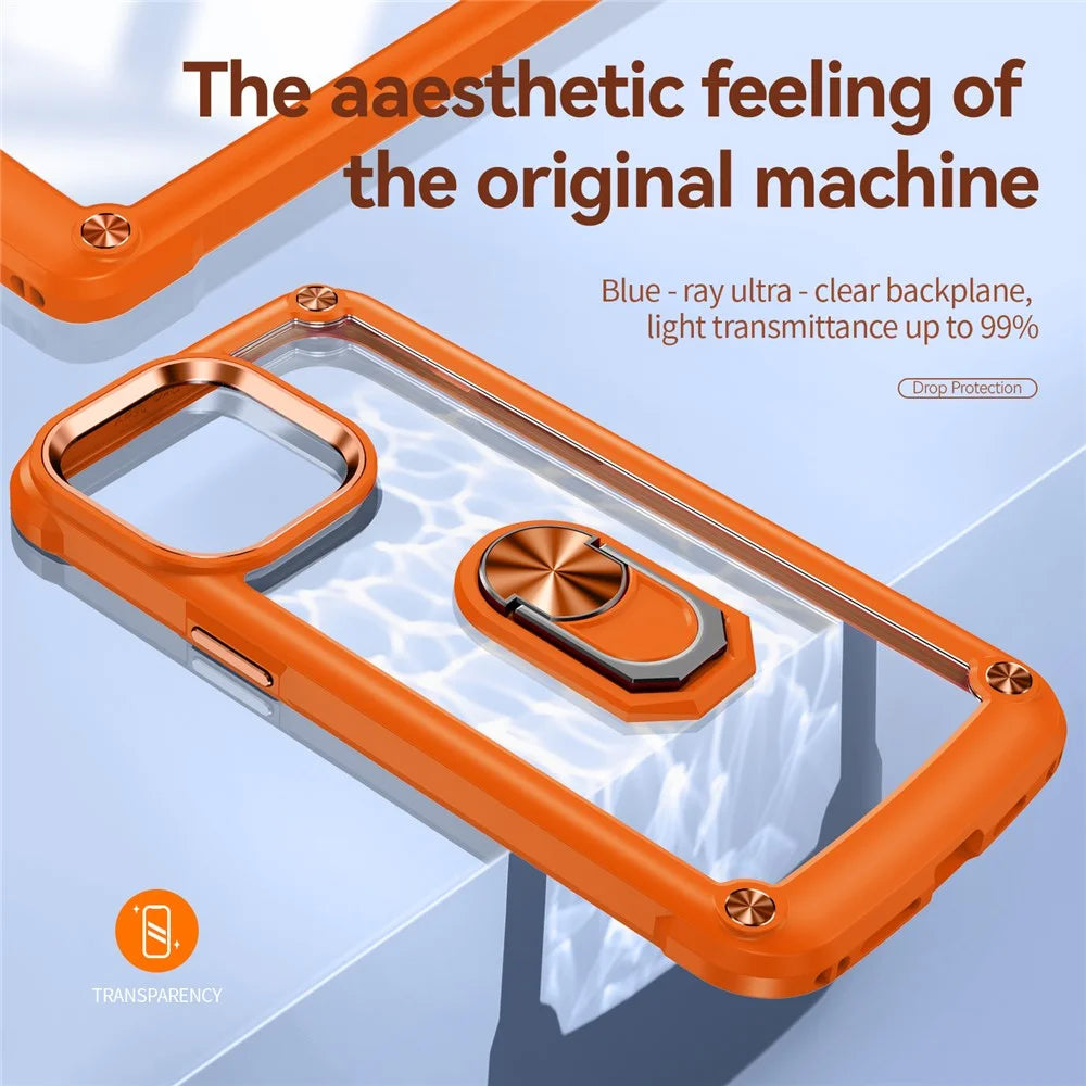 For iPhone 15 Pro Protective Kickstand Case Alloy Lens Frame PC + TPU Phone Cover - Orange - 7