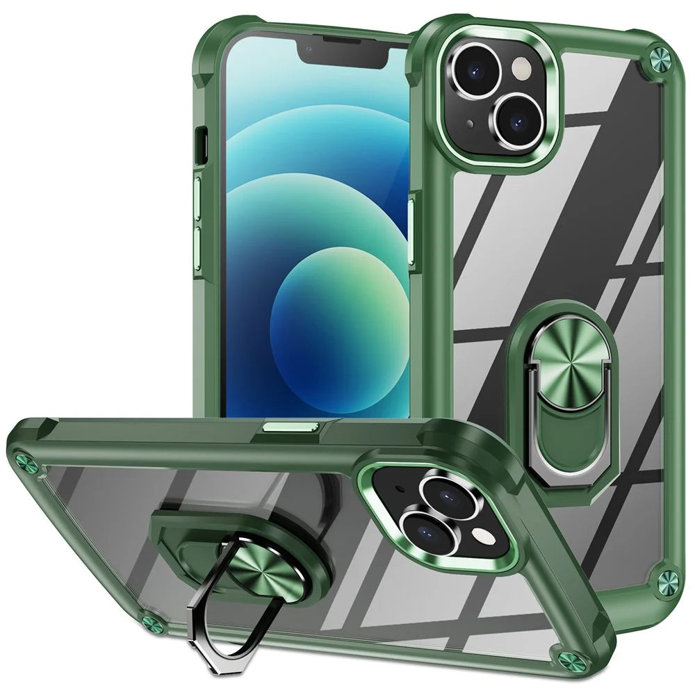 For iPhone 15 Shockproof Case Ring Kickstand PC + TPU Phone Cover with Alloy Lens Frame - Green - 1