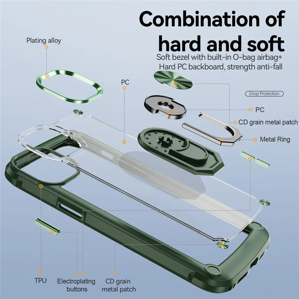 For iPhone 15 Shockproof Case Ring Kickstand PC + TPU Phone Cover with Alloy Lens Frame - Green - 2