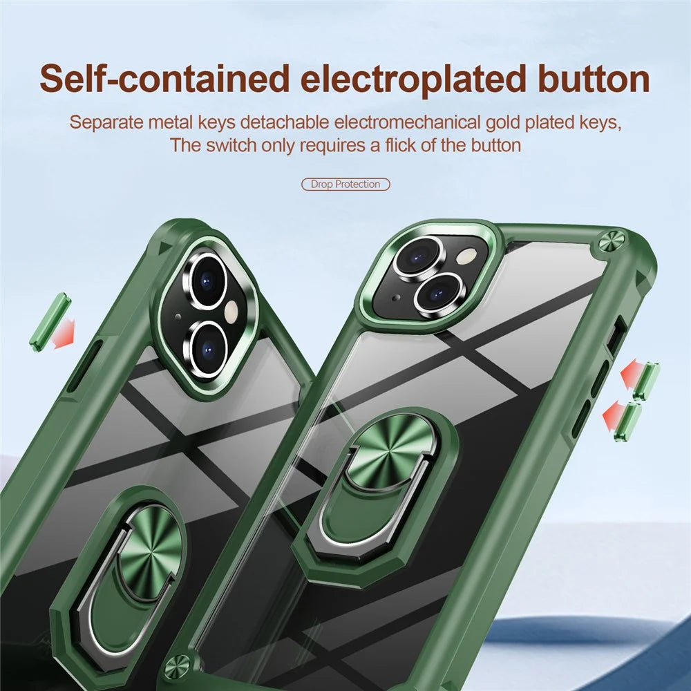 For iPhone 15 Shockproof Case Ring Kickstand PC + TPU Phone Cover with Alloy Lens Frame - Green - 3