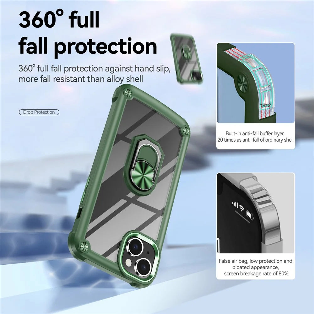 For iPhone 15 Shockproof Case Ring Kickstand PC + TPU Phone Cover with Alloy Lens Frame - Green - 4