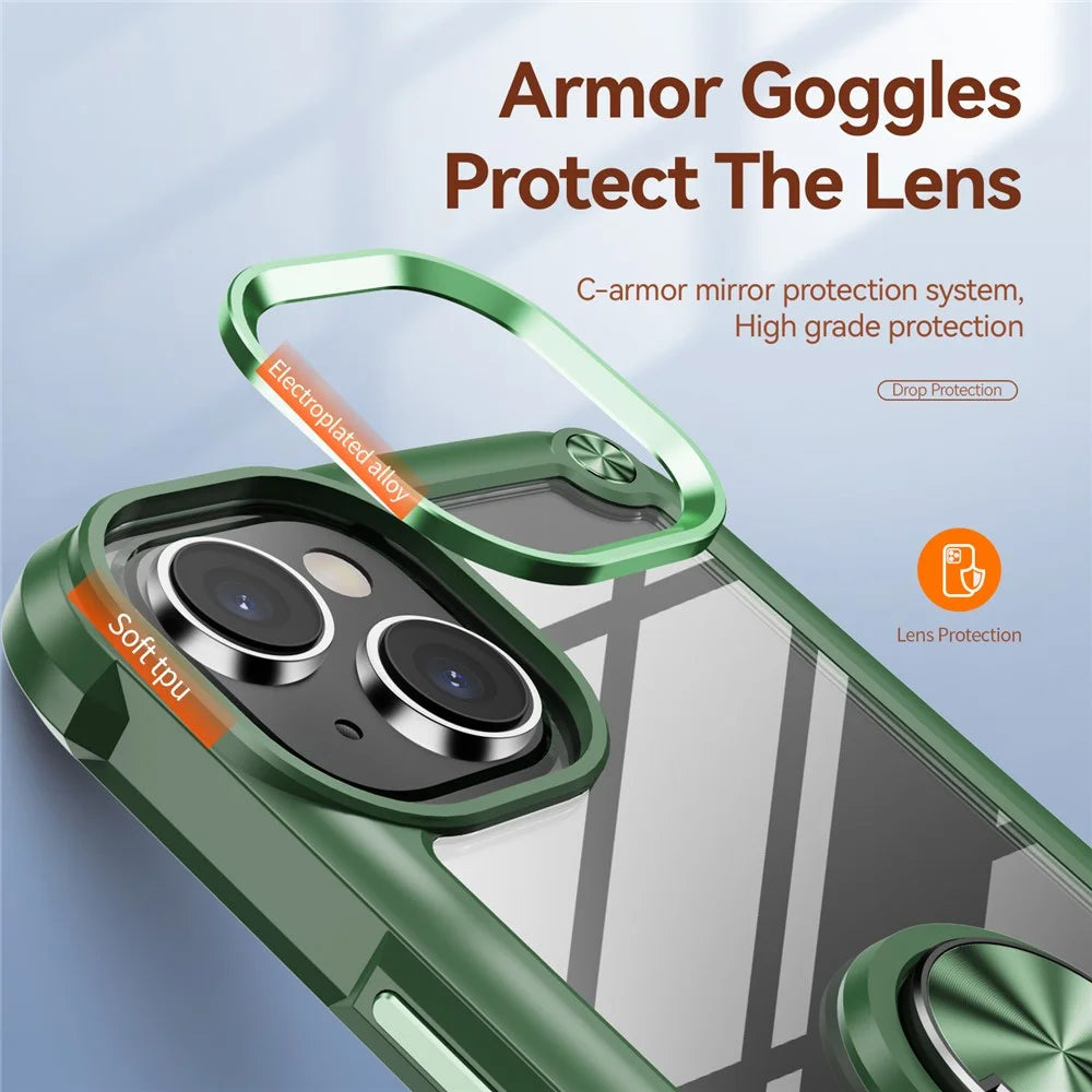 For iPhone 15 Shockproof Case Ring Kickstand PC + TPU Phone Cover with Alloy Lens Frame - Green - 5