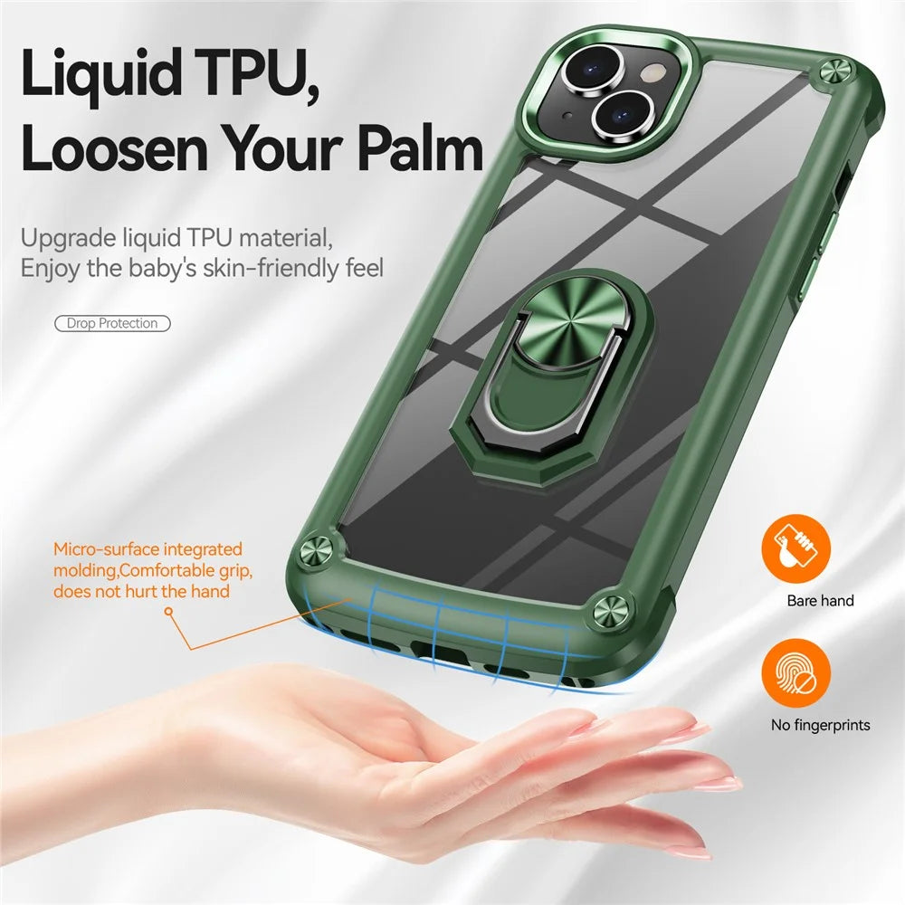 For iPhone 15 Shockproof Case Ring Kickstand PC + TPU Phone Cover with Alloy Lens Frame - Green - 6