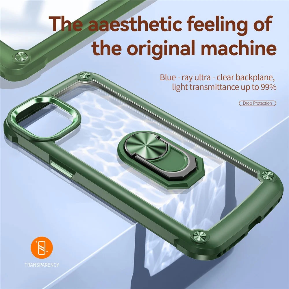 For iPhone 15 Shockproof Case Ring Kickstand PC + TPU Phone Cover with Alloy Lens Frame - Green - 7