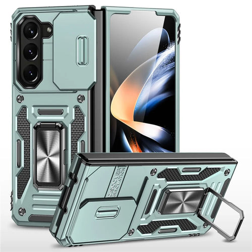 For Samsung Galaxy Z Fold5 5G Armor Series PC + TPU Phone Case Metal Kickstand Cover with Slide Camera Lid - Green - 1