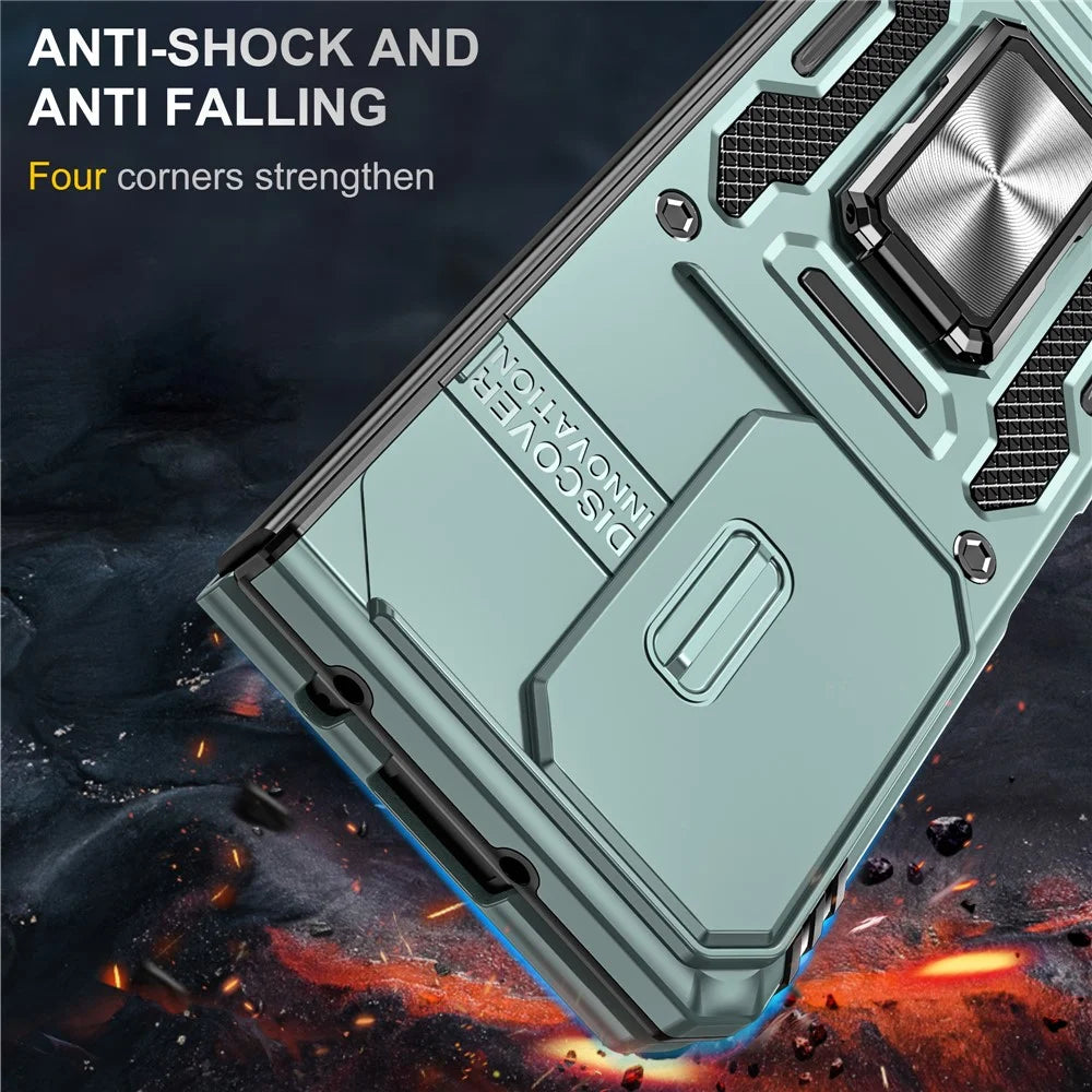 For Samsung Galaxy Z Fold5 5G Armor Series PC + TPU Phone Case Metal Kickstand Cover with Slide Camera Lid - Green - 3