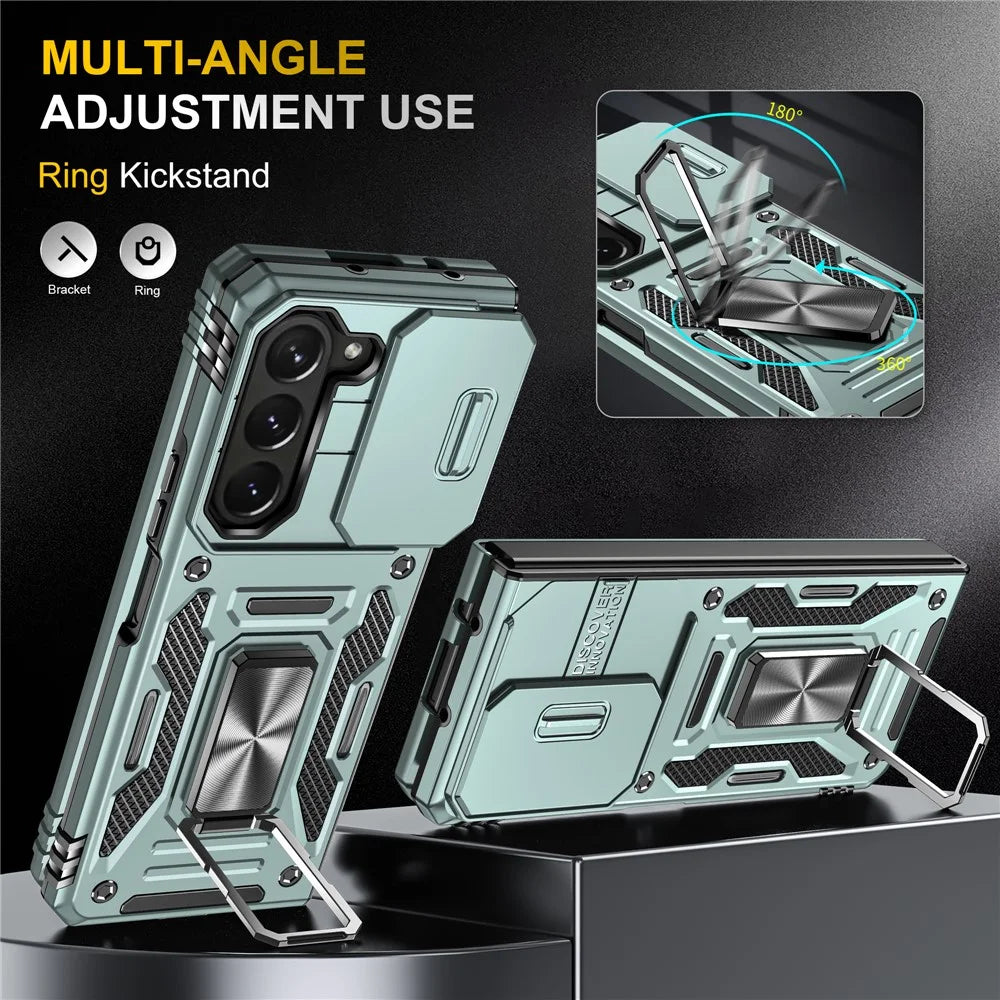 For Samsung Galaxy Z Fold5 5G Armor Series PC + TPU Phone Case Metal Kickstand Cover with Slide Camera Lid - Green - 5