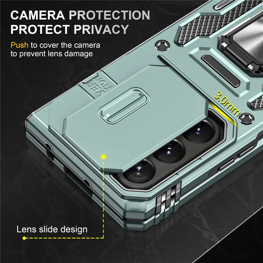 For Samsung Galaxy Z Fold5 5G Armor Series PC + TPU Phone Case Metal Kickstand Cover with Slide Camera Lid - Green - 6