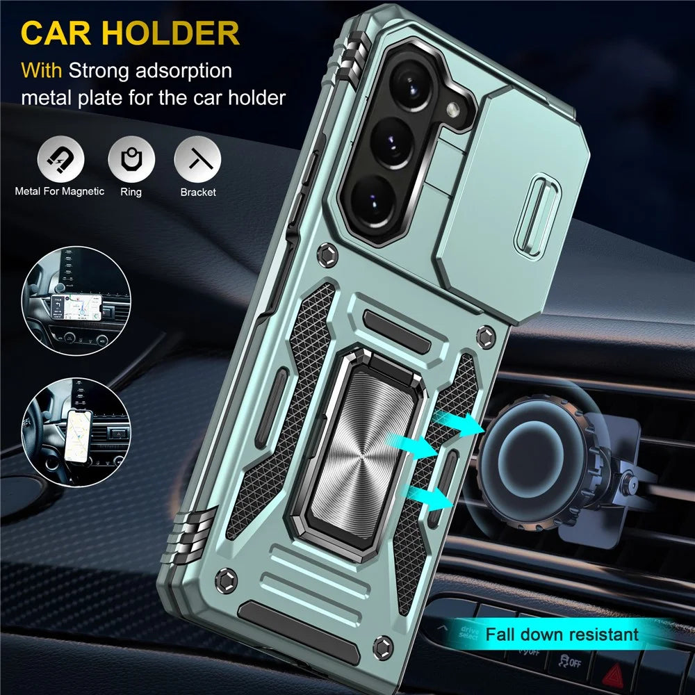 For Samsung Galaxy Z Fold5 5G Armor Series PC + TPU Phone Case Metal Kickstand Cover with Slide Camera Lid - Green - 7