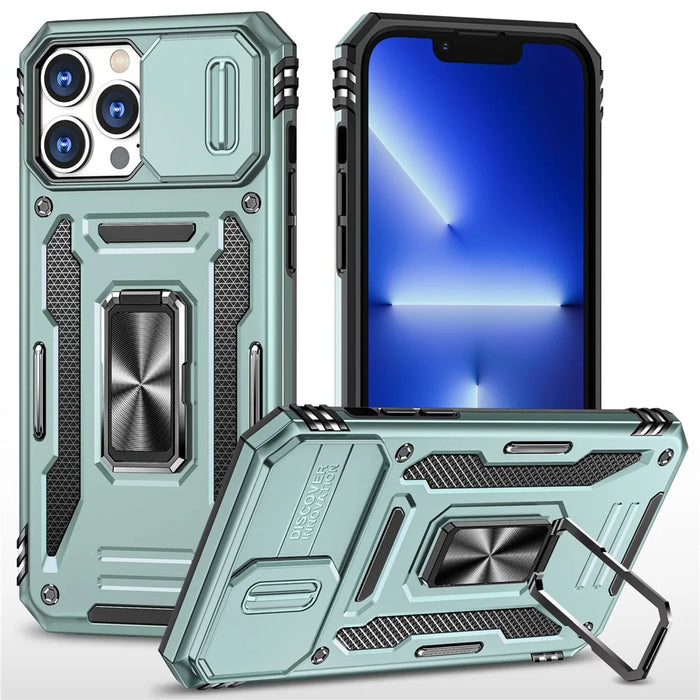 For iPhone 15 Pro Max Armor Series Metal Kickstand Cover Slide Camera Lid PC+TPU Phone Case - Green - 1