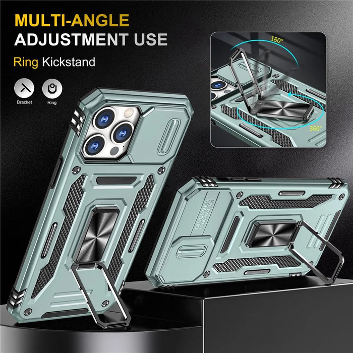 For iPhone 15 Pro Max Armor Series Metal Kickstand Cover Slide Camera Lid PC+TPU Phone Case - Green - 4