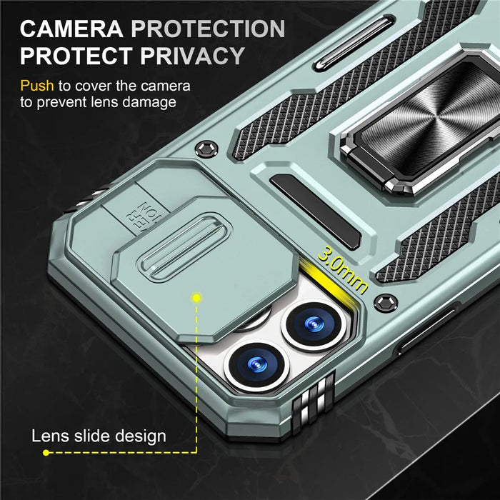 For iPhone 15 Pro Max Armor Series Metal Kickstand Cover Slide Camera Lid PC+TPU Phone Case - Green - 5