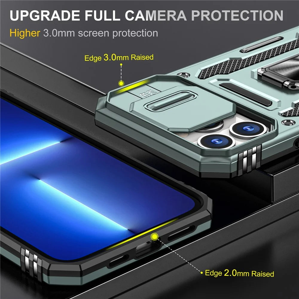 Armor Series For iPhone 15 Pro Slide Camera Lid Phone Case Metal Kickstand PC+TPU Cover - Green - 3