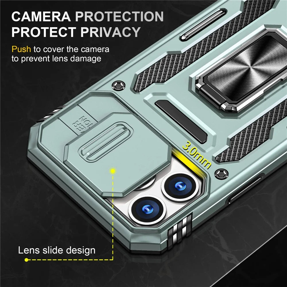 Armor Series For iPhone 15 Pro Slide Camera Lid Phone Case Metal Kickstand PC+TPU Cover - Green - 5