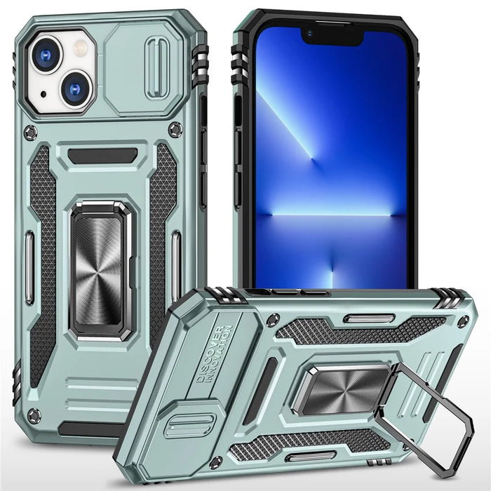 Armor Series For iPhone 15 Plus Slide Camera Lid Phone Case Metal Kickstand PC+TPU Anti-scratch Cover - Green - 1