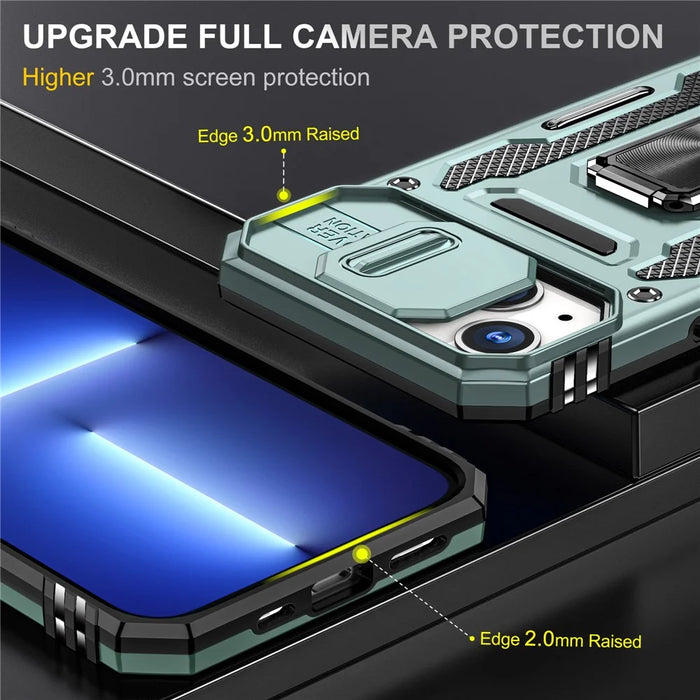 Armor Series For iPhone 15 Plus Slide Camera Lid Phone Case Metal Kickstand PC+TPU Anti-scratch Cover - Green - 3