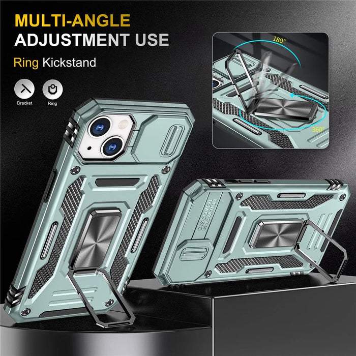 Armor Series For iPhone 15 Plus Slide Camera Lid Phone Case Metal Kickstand PC+TPU Anti-scratch Cover - Green - 4
