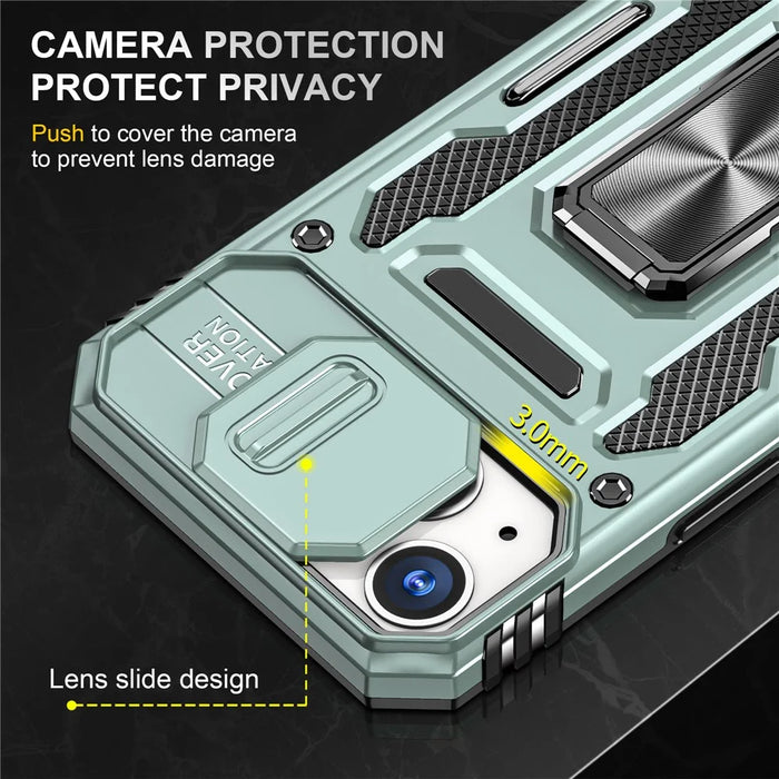 Armor Series For iPhone 15 Plus Slide Camera Lid Phone Case Metal Kickstand PC+TPU Anti-scratch Cover - Green - 5
