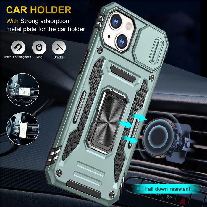 Armor Series For iPhone 15 Plus Slide Camera Lid Phone Case Metal Kickstand PC+TPU Anti-scratch Cover - Green - 6