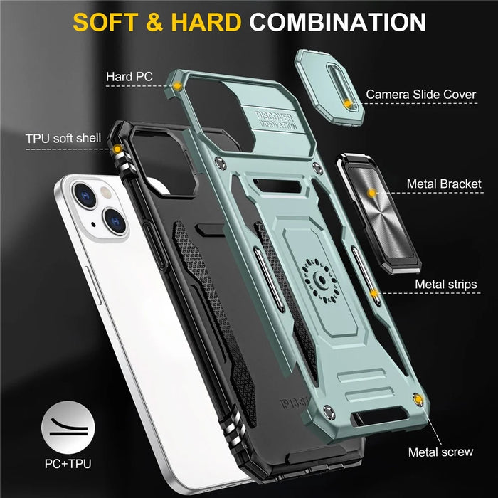 Armor Series For iPhone 15 Plus Slide Camera Lid Phone Case Metal Kickstand PC+TPU Anti-scratch Cover - Green - 7