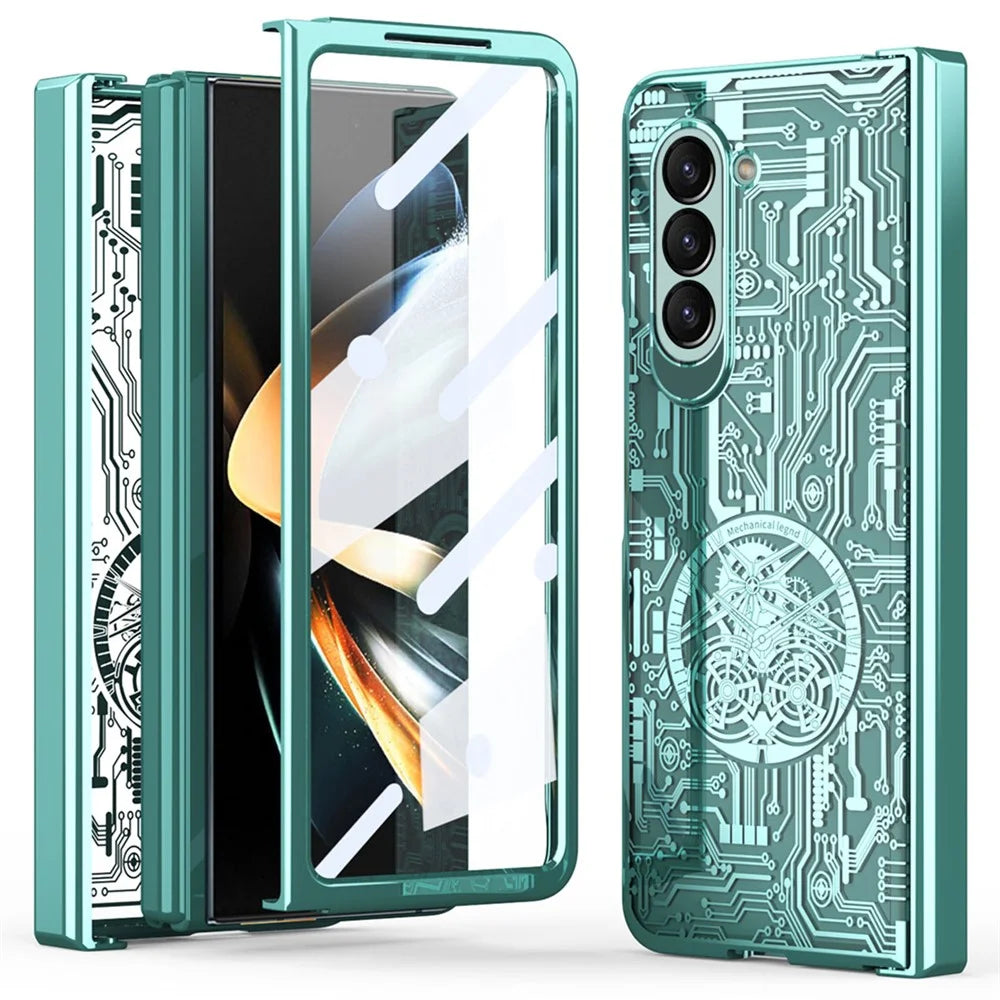 Mechanical Legend Series For Samsung Galaxy Z Fold5 5G Electroplating Phone Case All-Inclusive PC Cover with Tempered Glass Film - Green - 1