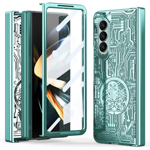 Mechanical Legend Series For Samsung Galaxy Z Fold5 5G Electroplating Phone Case All-Inclusive PC Cover with Tempered Glass Film - Green - 1