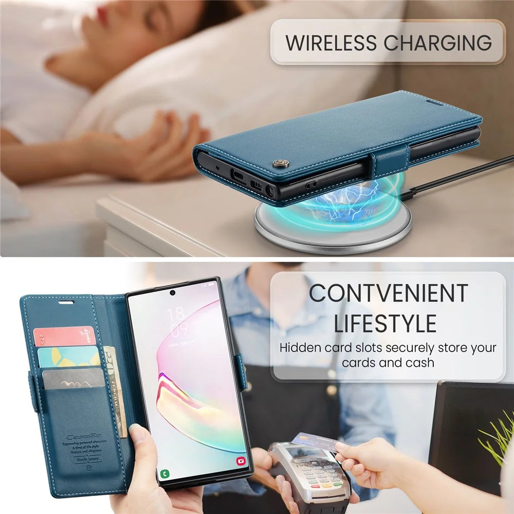 For Samsung Galaxy Note 10 Plus 4G Leather Case CASEME 023 RFID Blocking 3 Card Slot Mobile Cover - Blue - 6