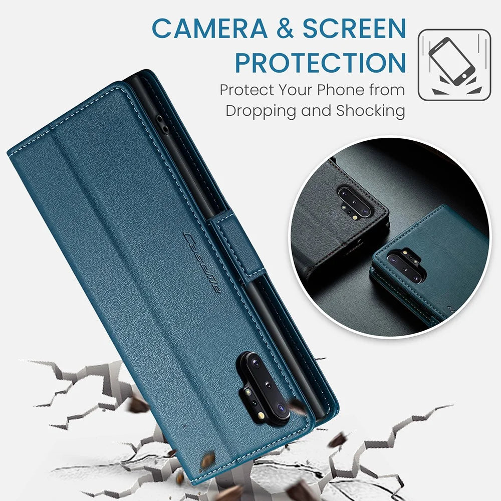 For Samsung Galaxy Note 10 Plus 4G Leather Case CASEME 023 RFID Blocking 3 Card Slot Mobile Cover - Blue - 7