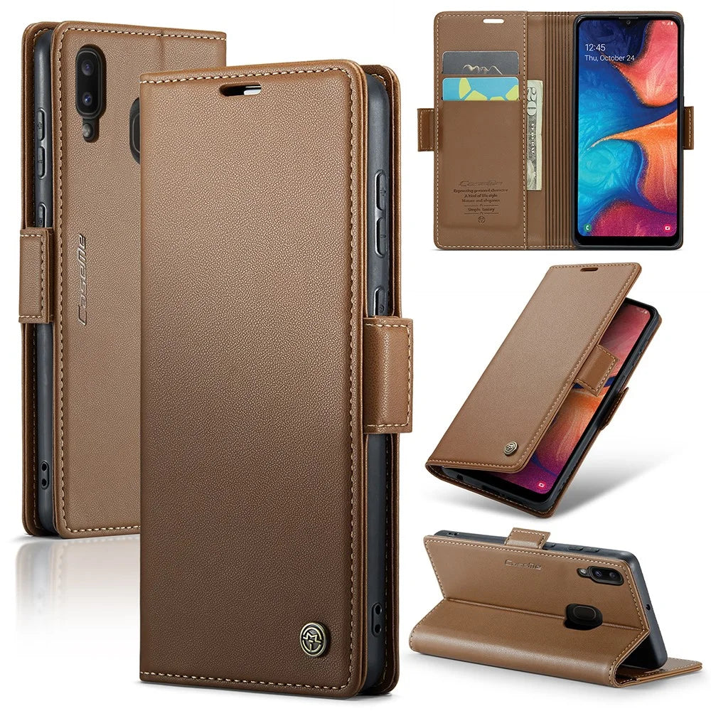 CASEME 023 Series For Samsung Galaxy A40 RFID Blocking PU Leather Phone Case Stand Wallet Anti-drop Cover - Brown - 1