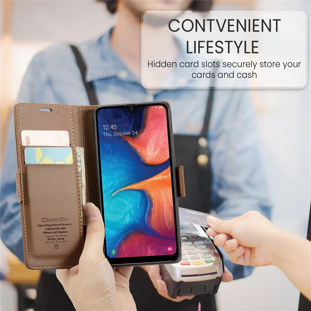 CASEME 023 Series For Samsung Galaxy A40 RFID Blocking PU Leather Phone Case Stand Wallet Anti-drop Cover - Brown - 6