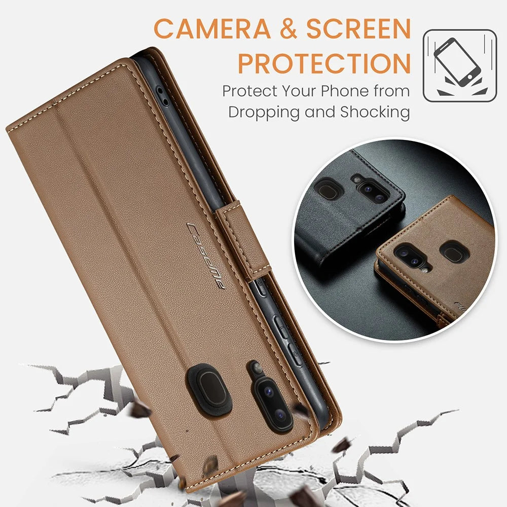CASEME 023 Series For Samsung Galaxy A40 RFID Blocking PU Leather Phone Case Stand Wallet Anti-drop Cover - Brown - 7