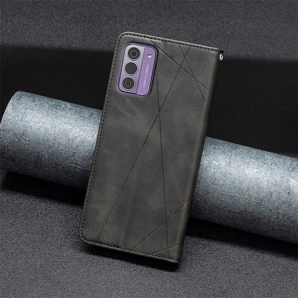 For Nokia G42 Stand Leather Phone Cover Imprinted Line Cell Phone Case with Card Slots - Black - 6