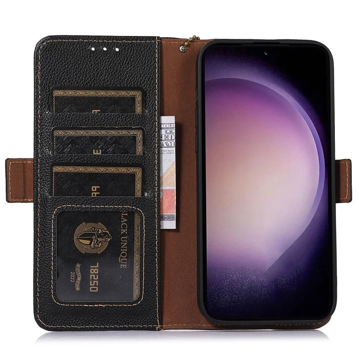 For Samsung Galaxy S23 FE RFID Blocking Phone Case Genuine Cow Leather Stand Wallet Litchi Texture Cover - Black - 4