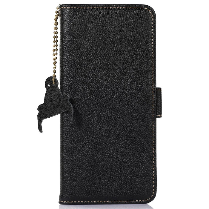 For Samsung Galaxy S23 FE RFID Blocking Phone Case Genuine Cow Leather Stand Wallet Litchi Texture Cover - Black - 6