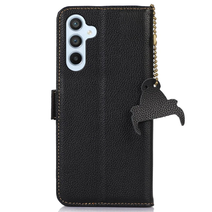 For Samsung Galaxy S23 FE RFID Blocking Phone Case Genuine Cow Leather Stand Wallet Litchi Texture Cover - Black - 7